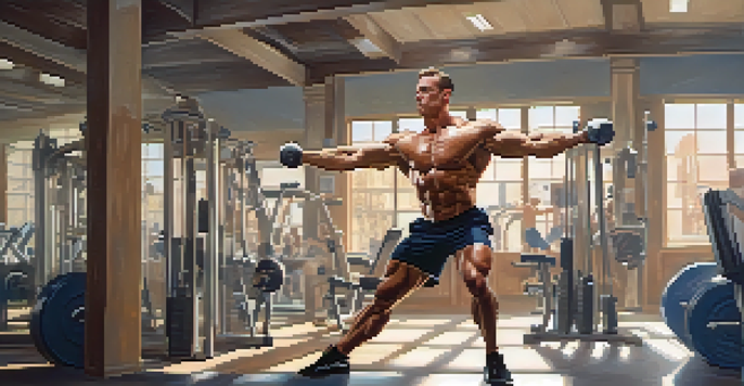 A bodybuilder engaged in dynamic stretching in a gym, showcasing muscle definition and focus.
