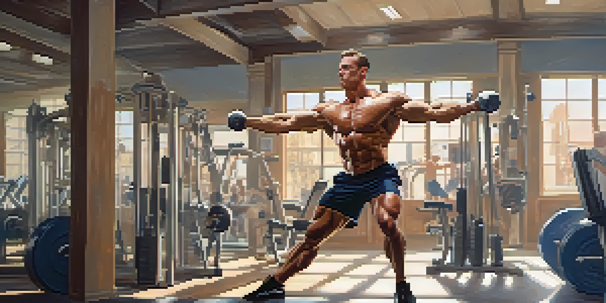 A bodybuilder engaged in dynamic stretching in a gym, showcasing muscle definition and focus.