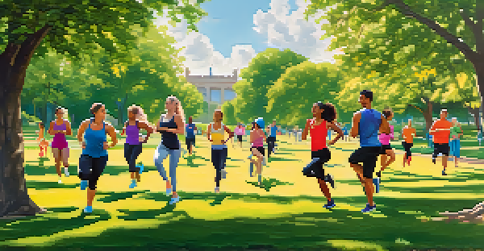 A diverse group of people exercising in a sunny park, including running, cycling, and practicing yoga, surrounded by greenery and flowers.