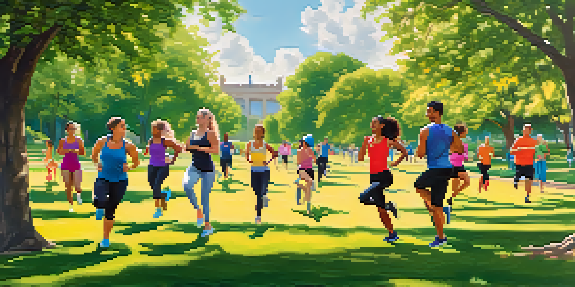 A diverse group of people exercising in a sunny park, including running, cycling, and practicing yoga, surrounded by greenery and flowers.
