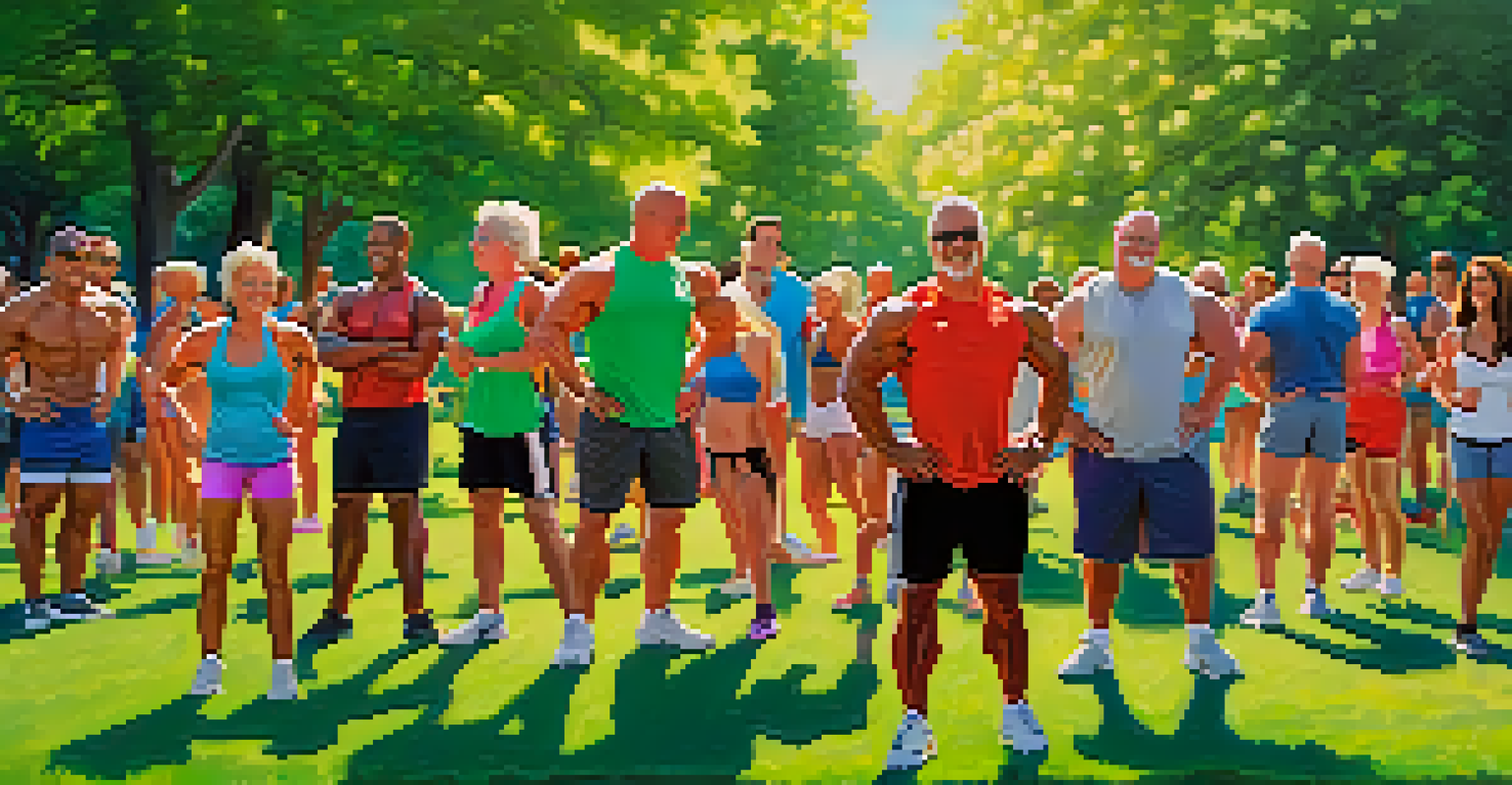 A diverse group of individuals exercising together in a sunny park, enjoying community and fitness.