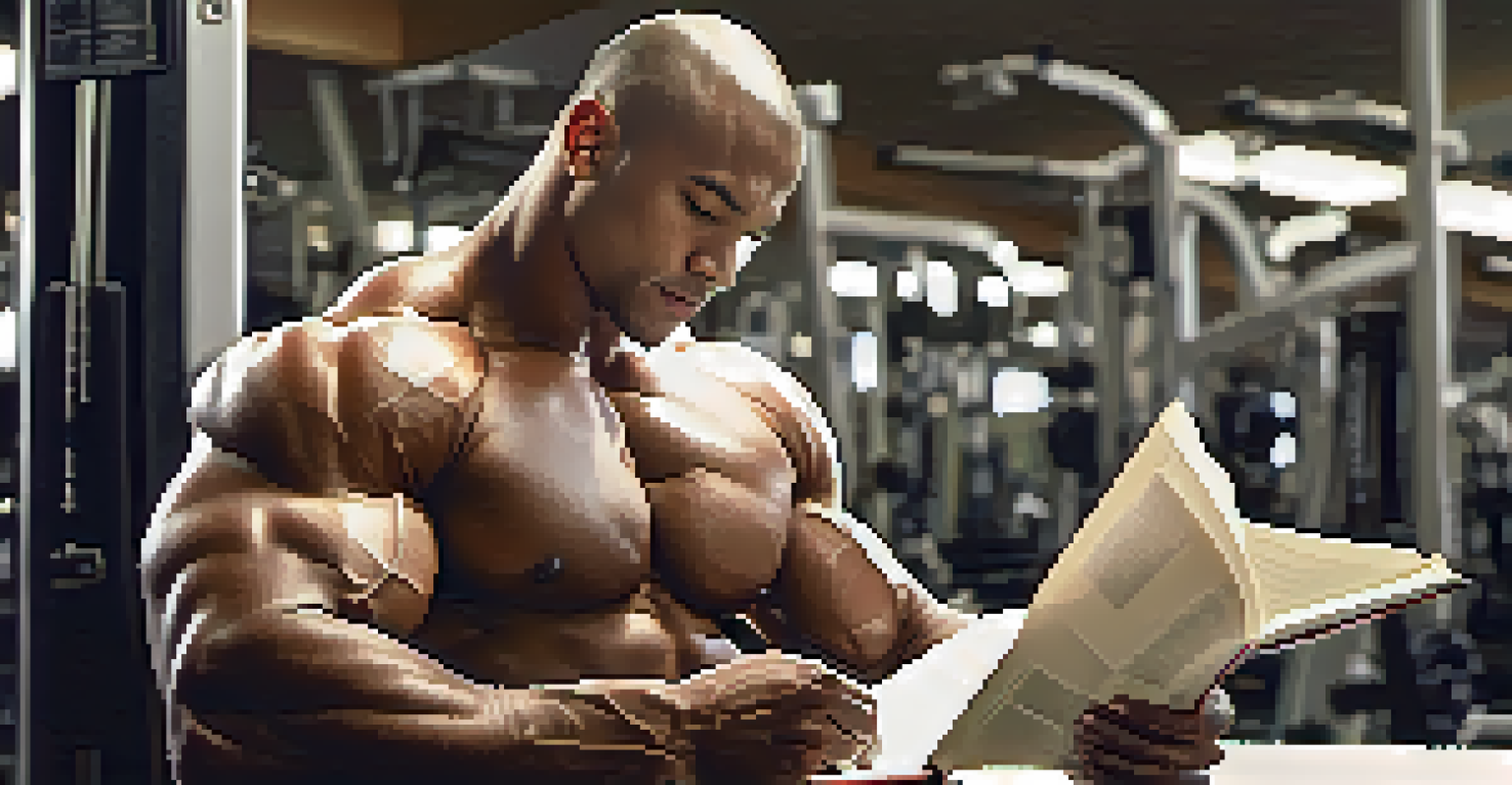 A close-up of a bodybuilder holding a journal, sitting on a gym bench, reflecting on his rehab progress.