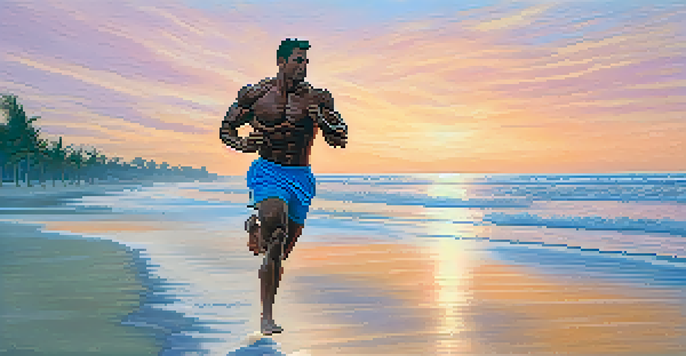 A bodybuilder jogging on a beach at sunrise, with golden light reflecting on the water and a colorful sky.