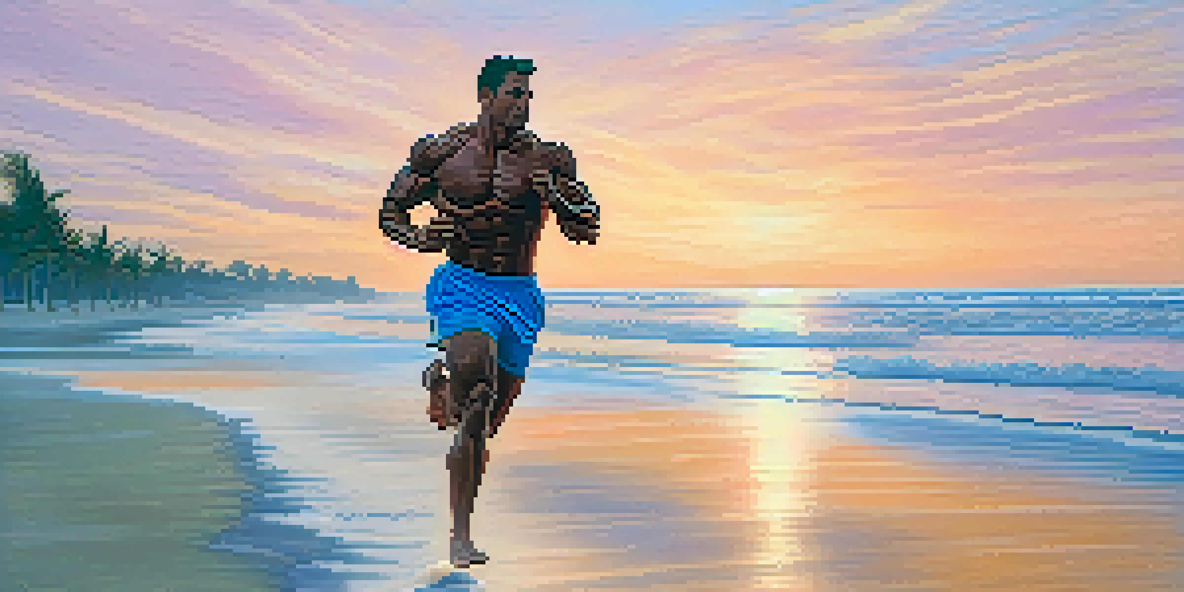A bodybuilder jogging on a beach at sunrise, with golden light reflecting on the water and a colorful sky.