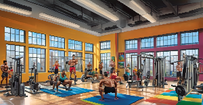 A diverse group of bodybuilders training in a modern gym filled with colorful equipment and natural light.