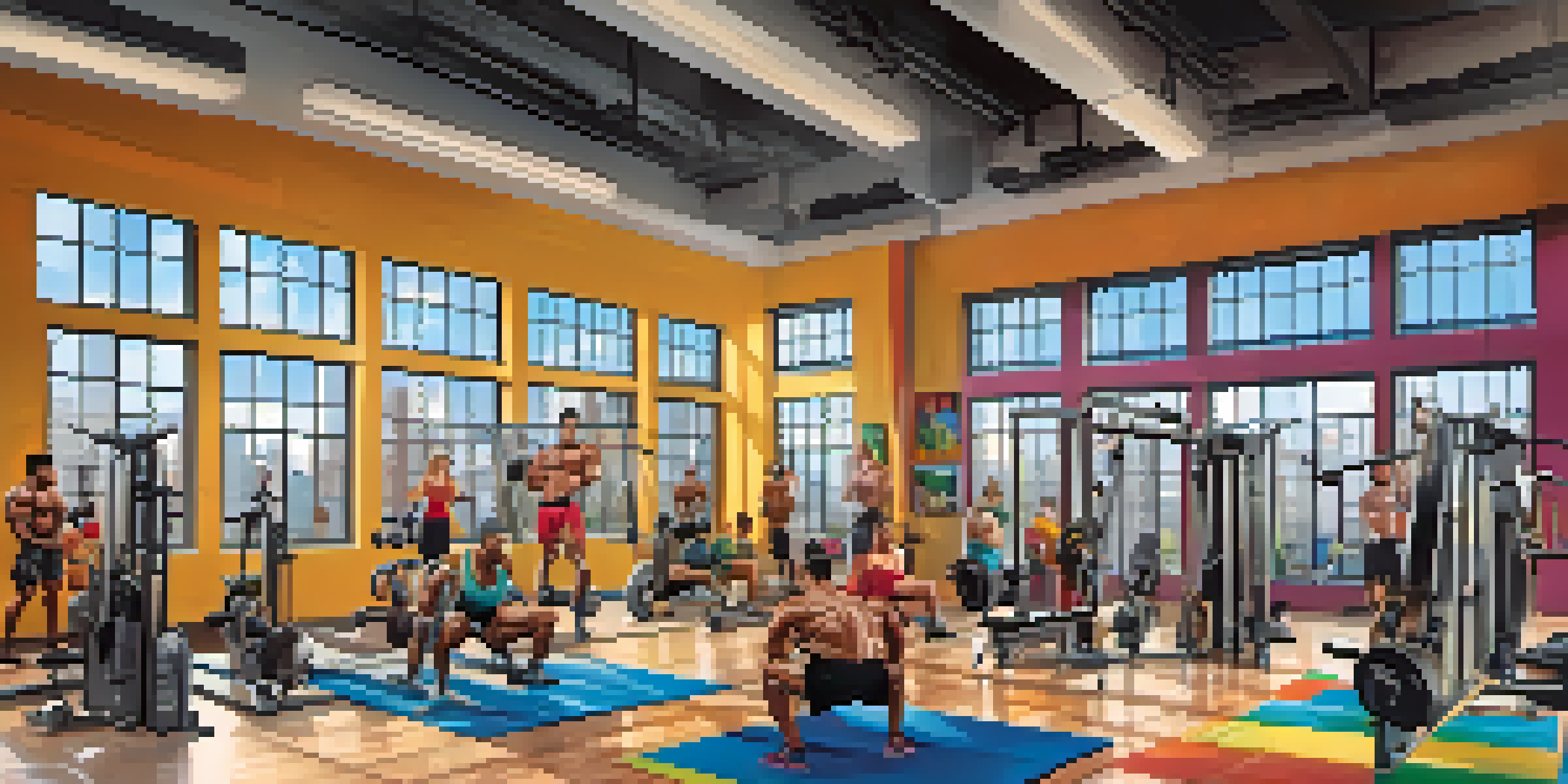 A diverse group of bodybuilders training in a modern gym filled with colorful equipment and natural light.