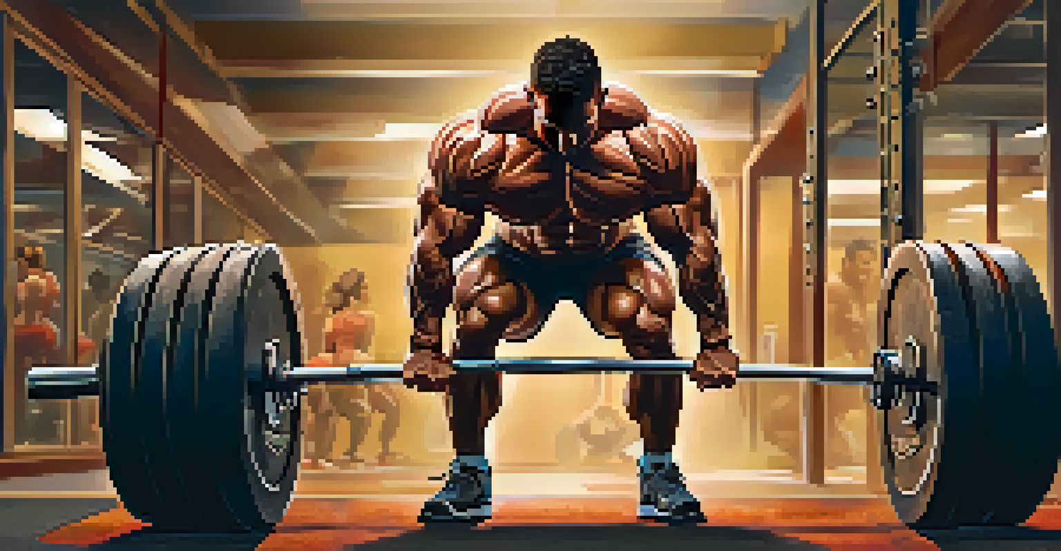 A bodybuilder executing a deadlift in a gym, showcasing their expression and the heavy barbell, surrounded by gym equipment.