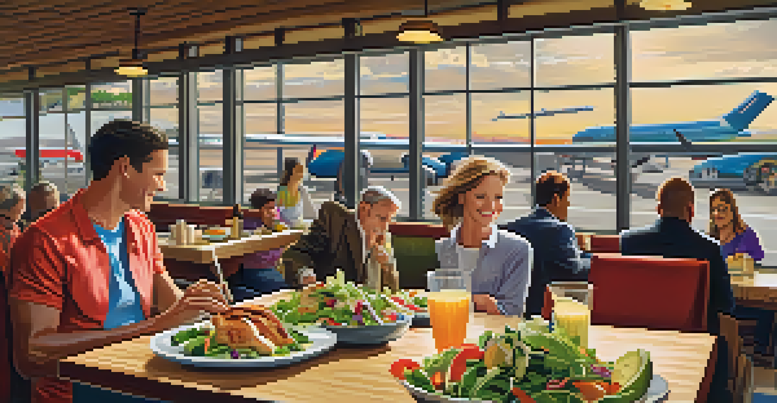 A colorful grilled chicken salad served in an airport restaurant with travelers in the background.