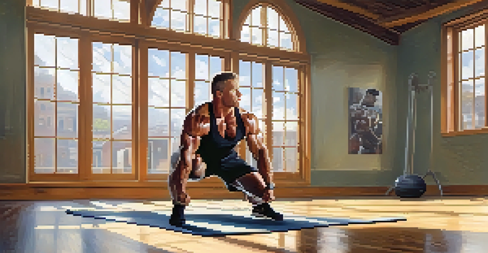 A bodybuilder in an athletic outfit performing dynamic stretches in a bright gym, with large windows and wooden floors.