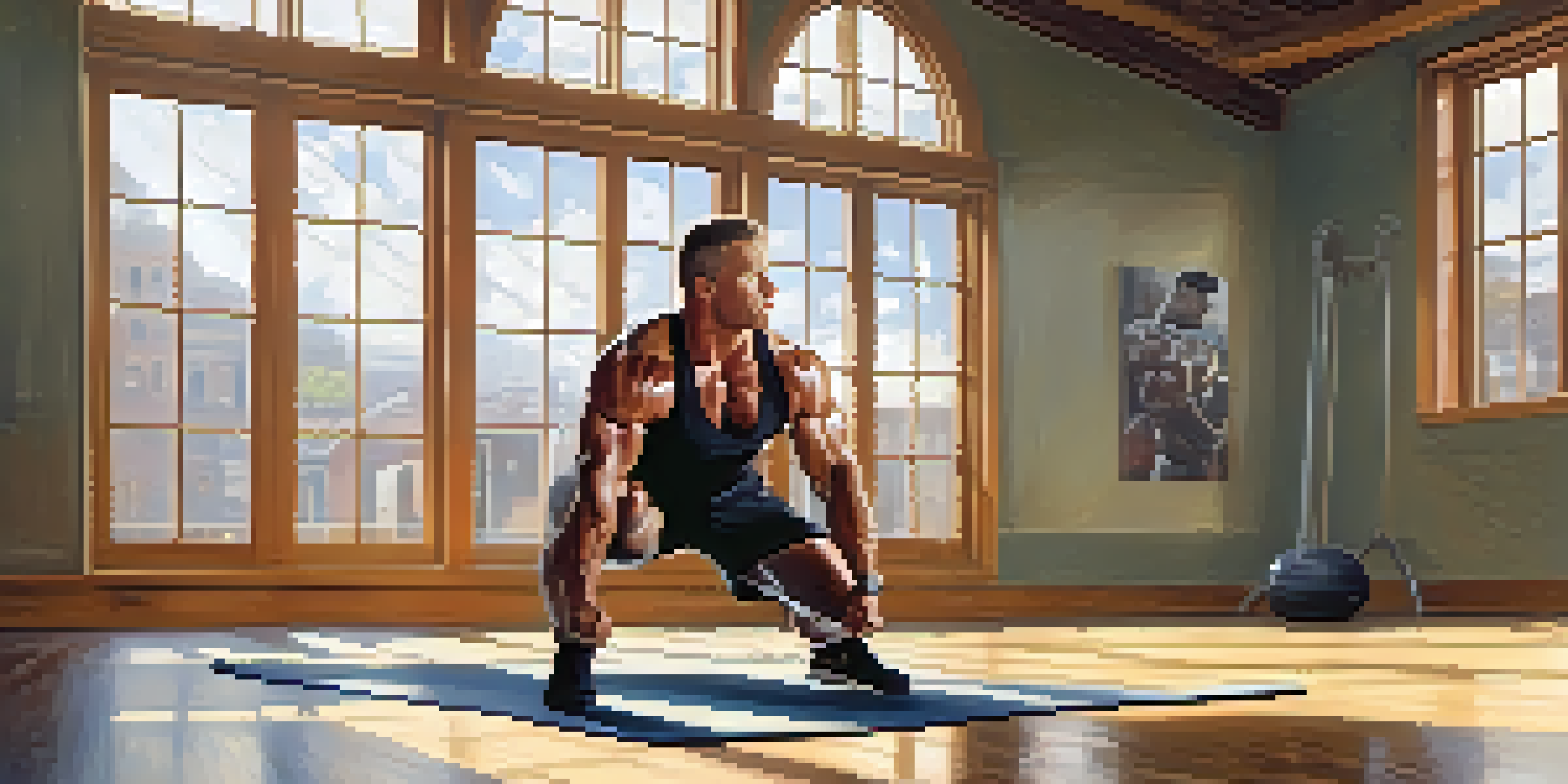 A bodybuilder in an athletic outfit performing dynamic stretches in a bright gym, with large windows and wooden floors.