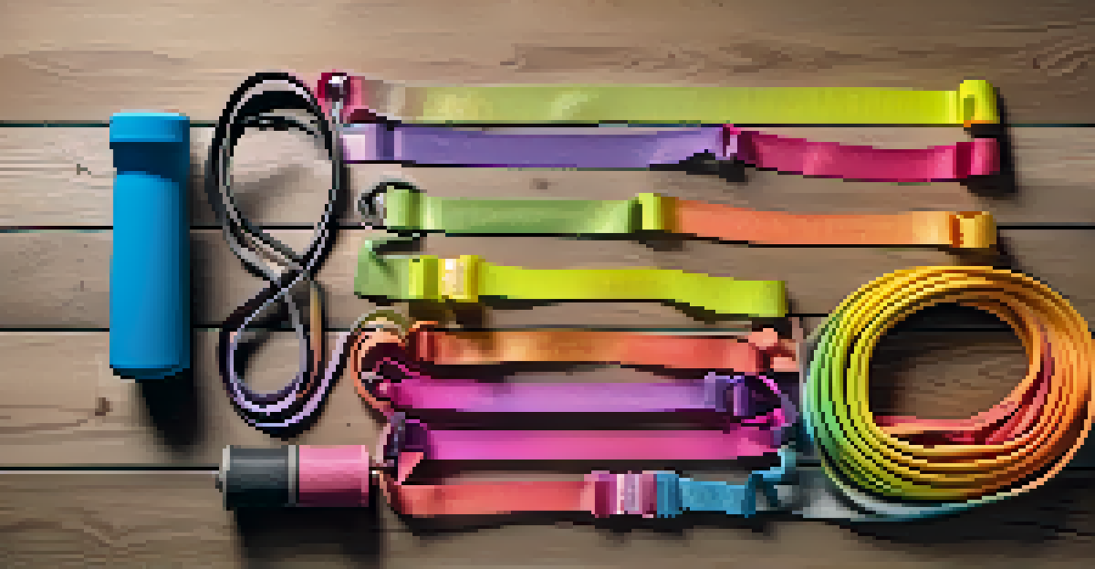 Close-up image of colorful adjustable resistance bands on a wooden floor, with a measuring tape and a water bottle, indicating workout preparation.