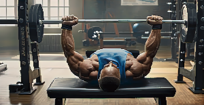Close-up of a bench press setup with a barbell and weights in a gym.