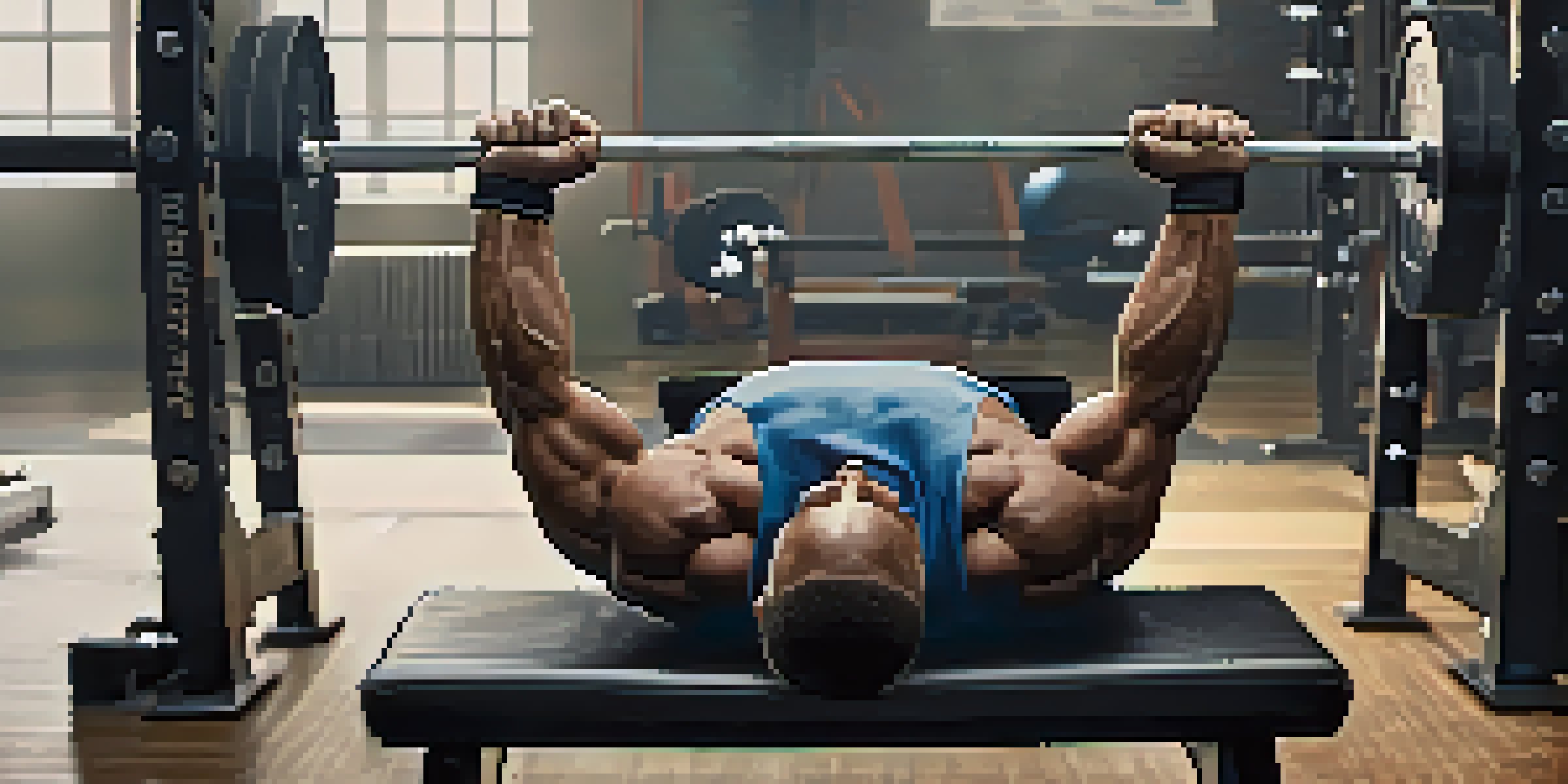 Close-up of a bench press setup with a barbell and weights in a gym.