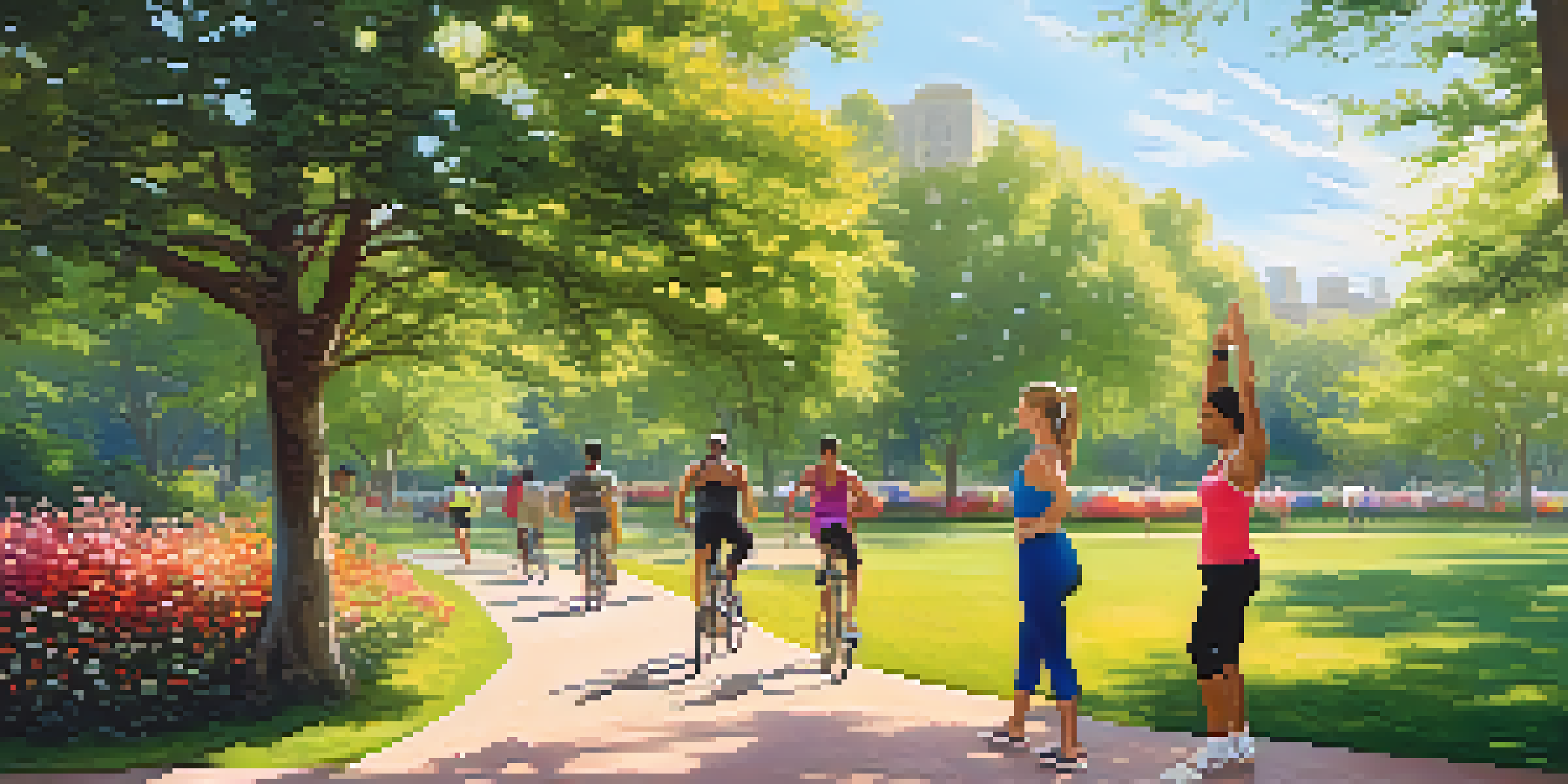 A diverse group of people participating in outdoor cross-functional fitness activities like yoga and cycling in a sunny park.