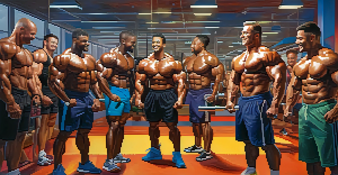A diverse group of bodybuilders working out together, showing encouragement and support.