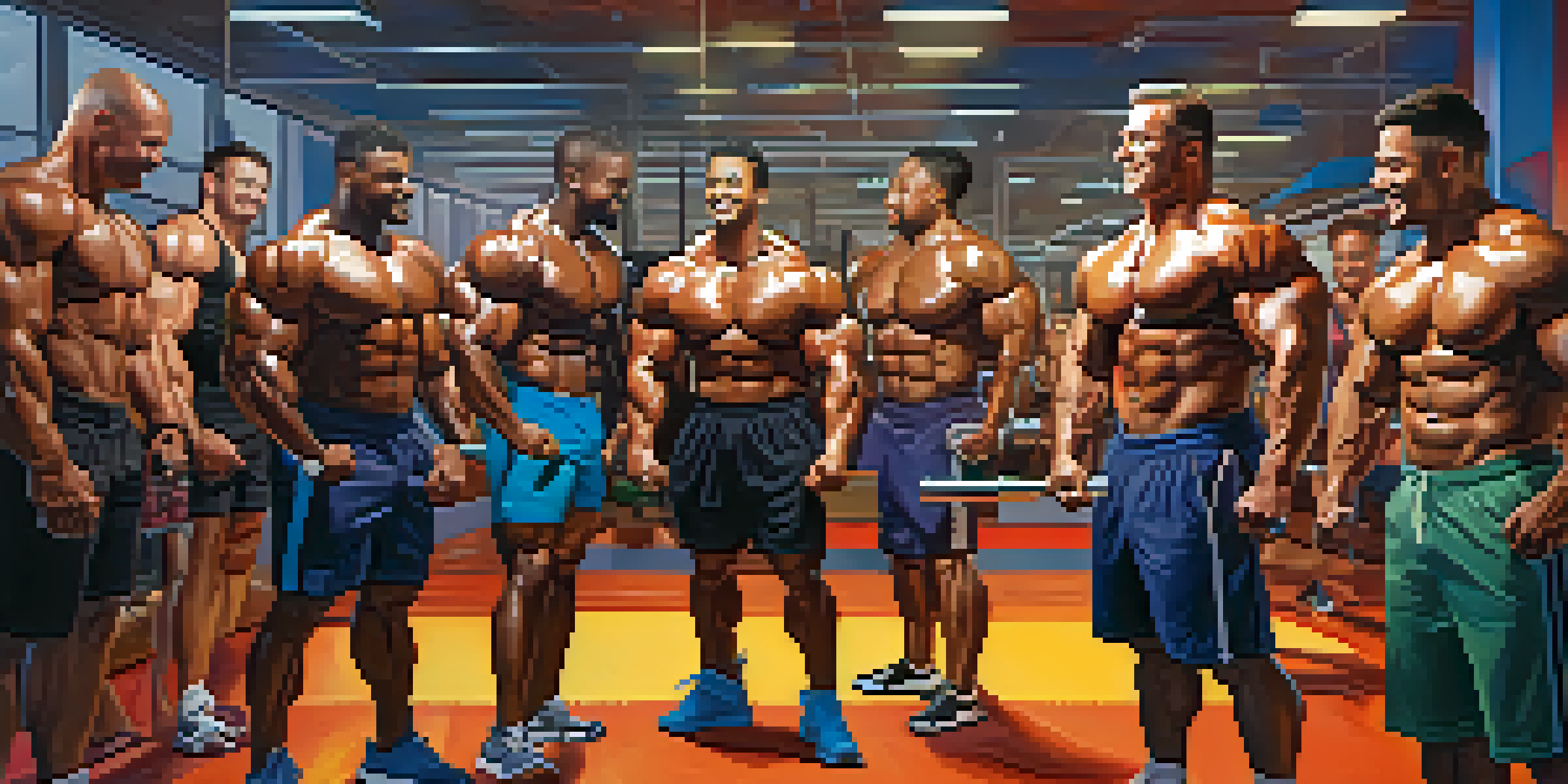 A diverse group of bodybuilders working out together, showing encouragement and support.