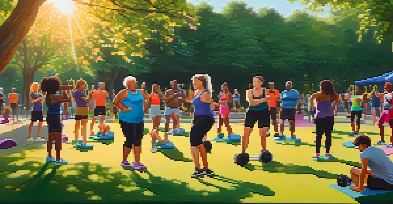 A diverse group of individuals participating in a resistance training class in a park during sunset, surrounded by green trees and colorful flowers.