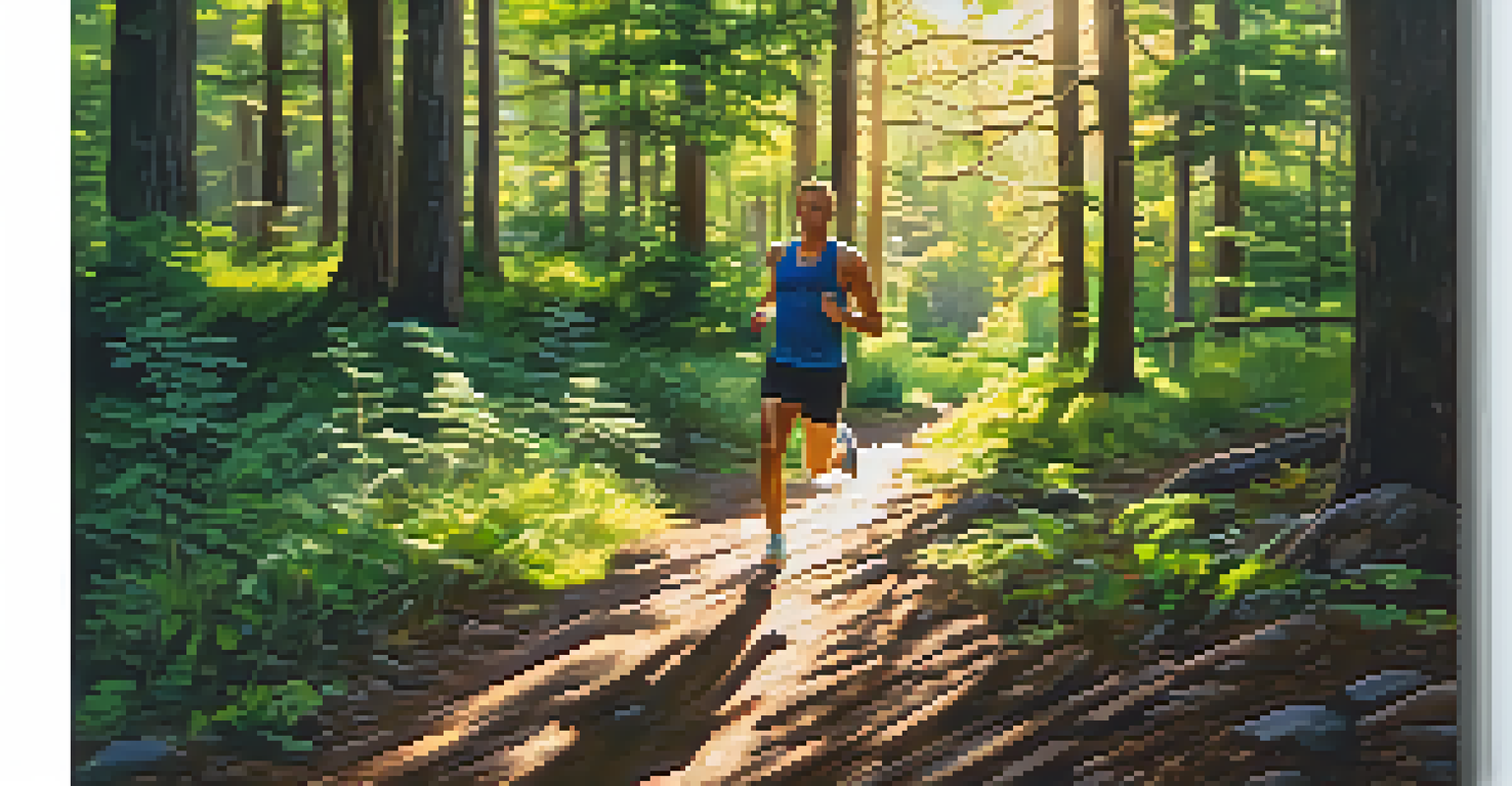 An athlete running on a forest trail at sunrise, surrounded by trees and greenery, capturing a sense of motion.