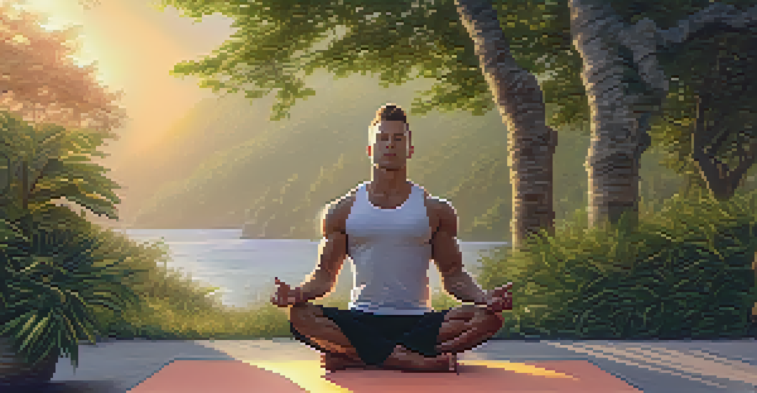 A bodybuilder meditating outdoors on a yoga mat during sunset, surrounded by greenery and soft golden light.
