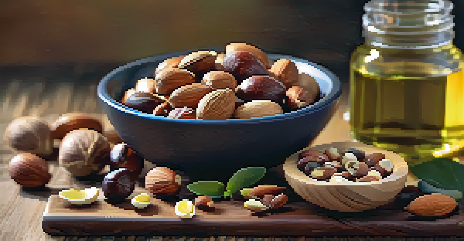 A cutting board with an assortment of nuts, seeds, and olive oil, highlighted by warm lighting, showcasing the textures.