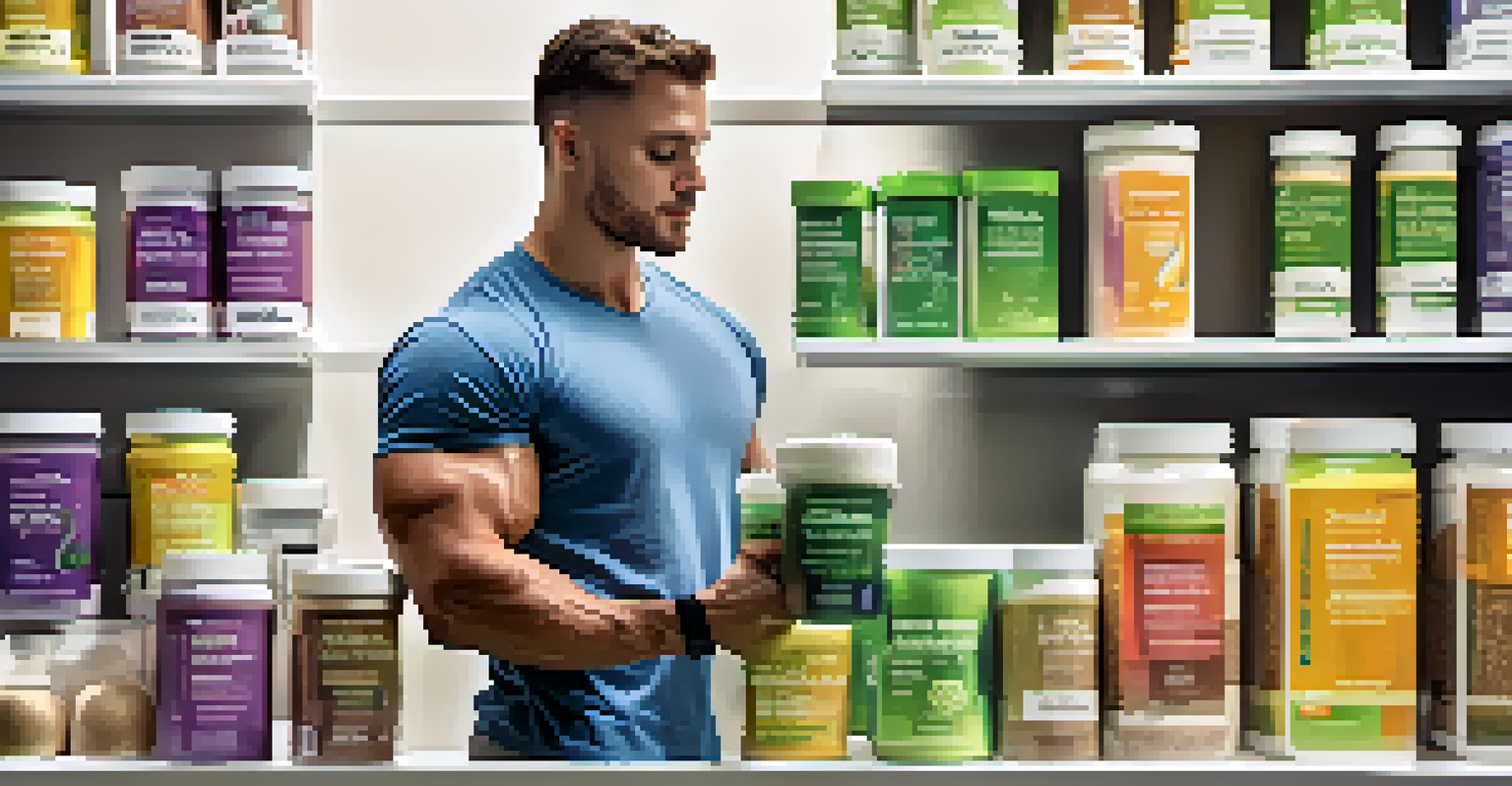 A display of eco-friendly plant-based protein supplements with a bodybuilder examining the labels in bright light.