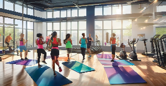 A diverse group of individuals exercising in a modern gym, each using smartphones to follow interactive fitness apps, surrounded by workout equipment and bright natural light.