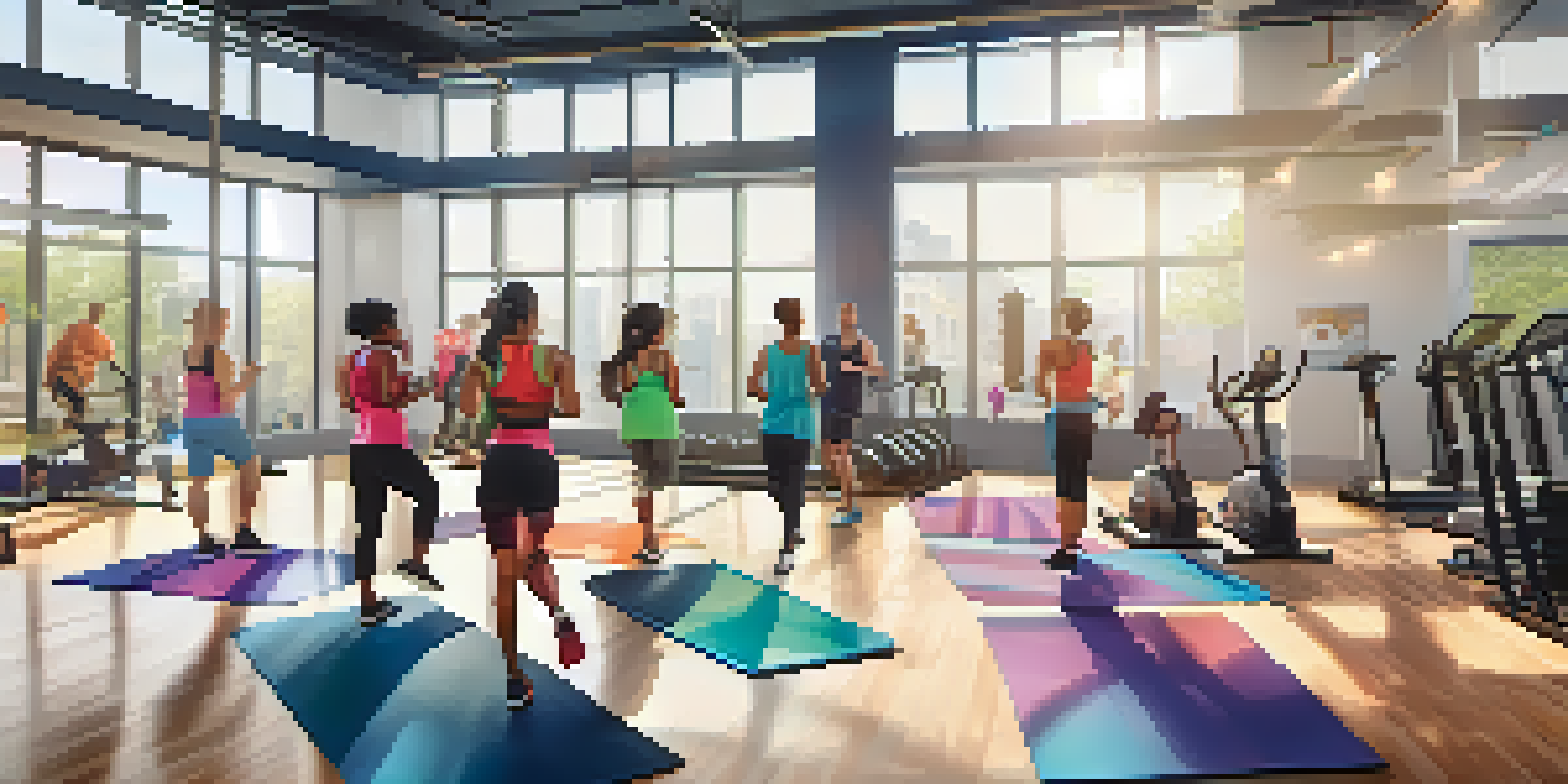 A diverse group of individuals exercising in a modern gym, each using smartphones to follow interactive fitness apps, surrounded by workout equipment and bright natural light.