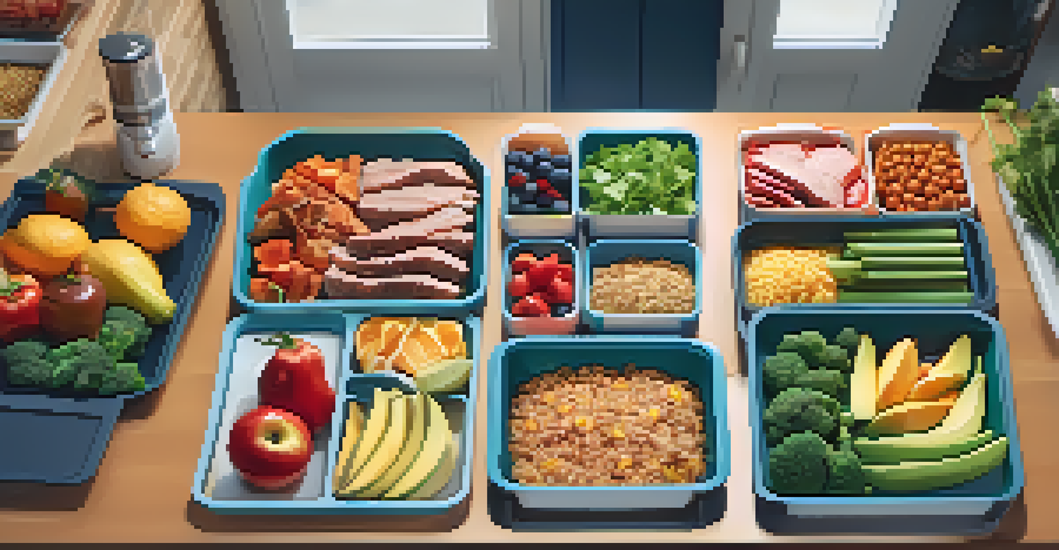 An overhead view of a meal prep station with organized containers of healthy foods, set in a modern kitchen with warm lighting.
