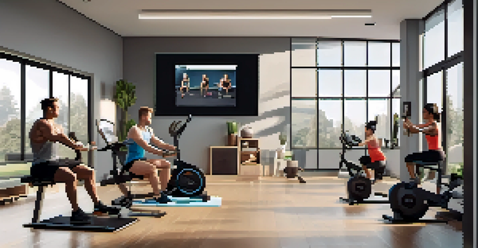 A vibrant online coaching session with diverse individuals on a video call, set in a bright home gym with fitness equipment.