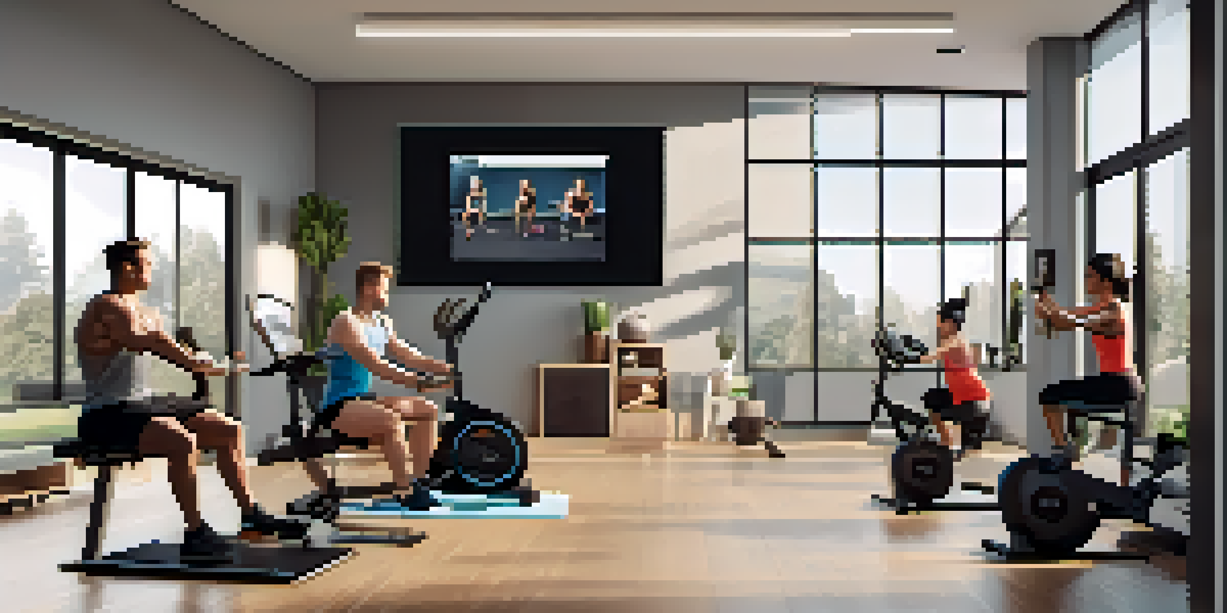 A vibrant online coaching session with diverse individuals on a video call, set in a bright home gym with fitness equipment.