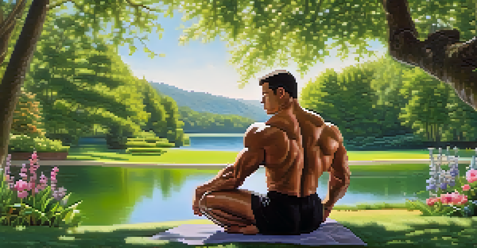 A bodybuilder practicing visualization in a tranquil outdoor park, surrounded by greenery and a calm lake, with a peaceful expression.