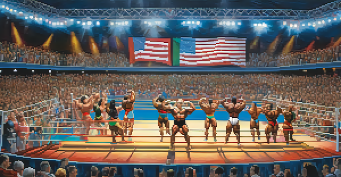 A lively bodybuilding competition featuring diverse athletes flexing on stage with an enthusiastic audience and colorful banners in the background.