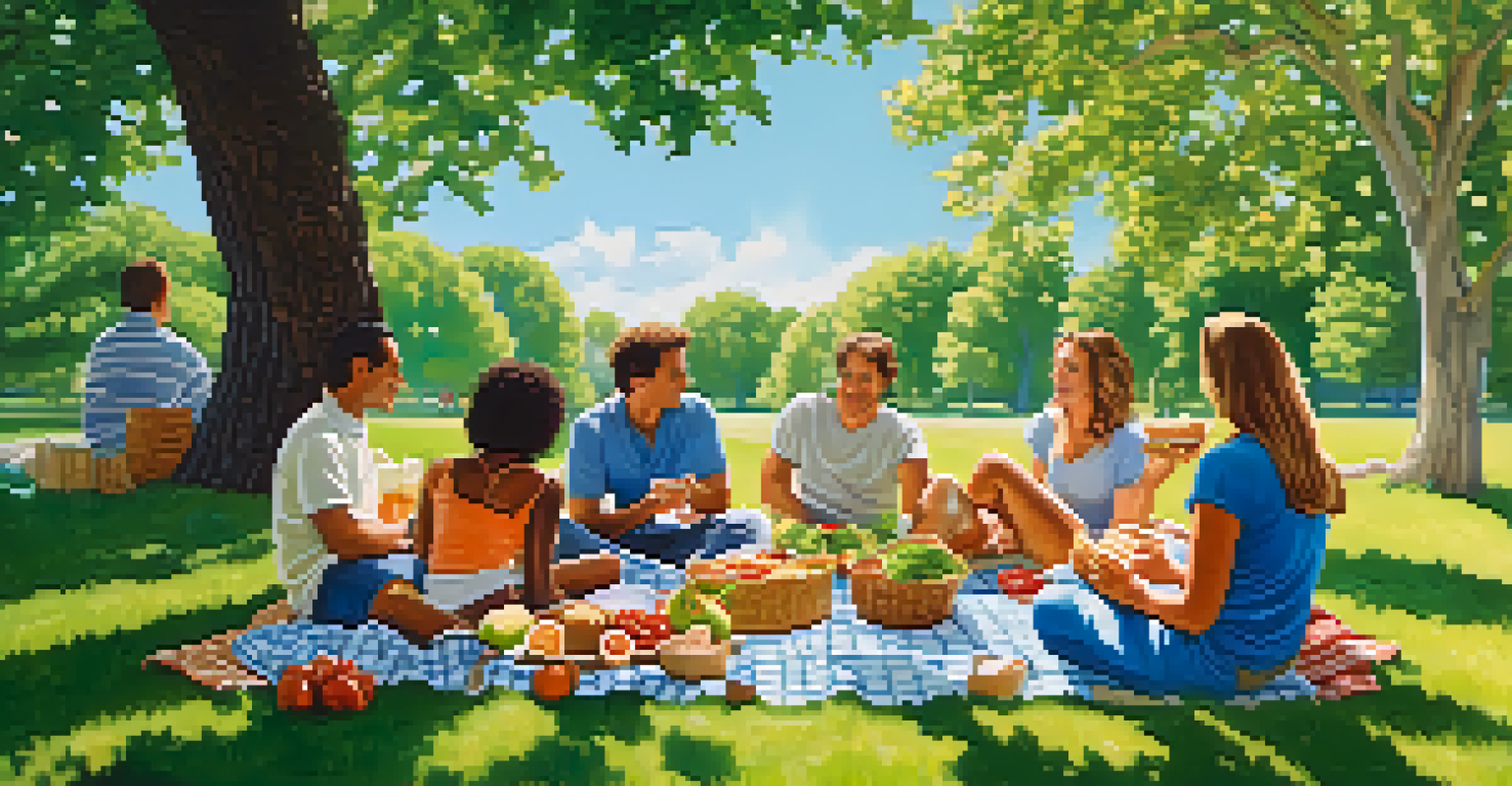 A diverse group of people having a picnic with an assortment of healthy foods like salads, fruits, and sandwiches in a sunny outdoor setting.