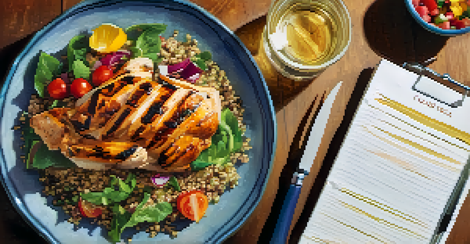 A plate of healthy food with grilled chicken and salad, accompanied by a glass of water and notepad.
