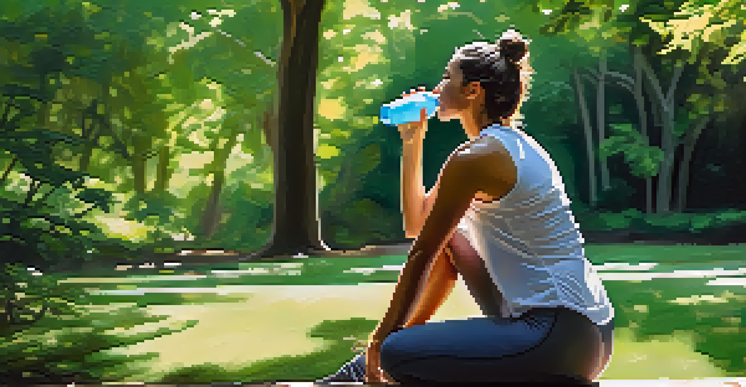 A person drinking water from a bottle after exercising, set against a backdrop of lush green trees, with sunlight filtering through, conveying a feeling of refreshment and focus.