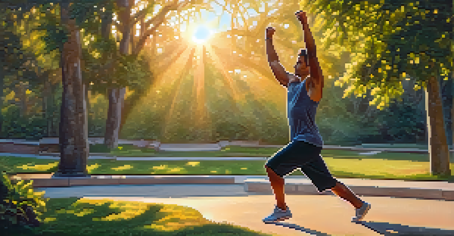 A fitness enthusiast doing arm circles in a park at sunrise, with lush greenery and warm light surrounding them.