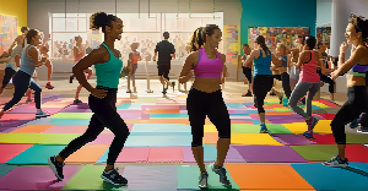 A fitness class with participants of various ages and backgrounds, all actively engaging in an energetic workout routine.