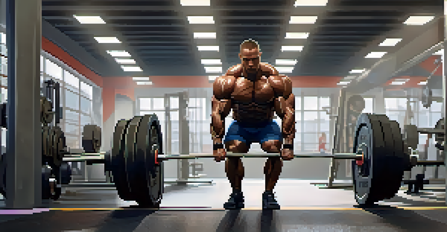 A bodybuilder lifting weights in a gym, focusing on their form, with various gym equipment around.