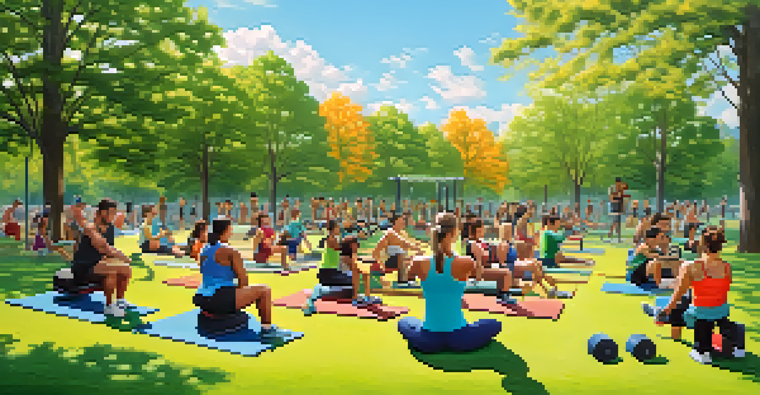 A diverse group of people in a park doing strength training exercises with dumbbells and resistance bands.