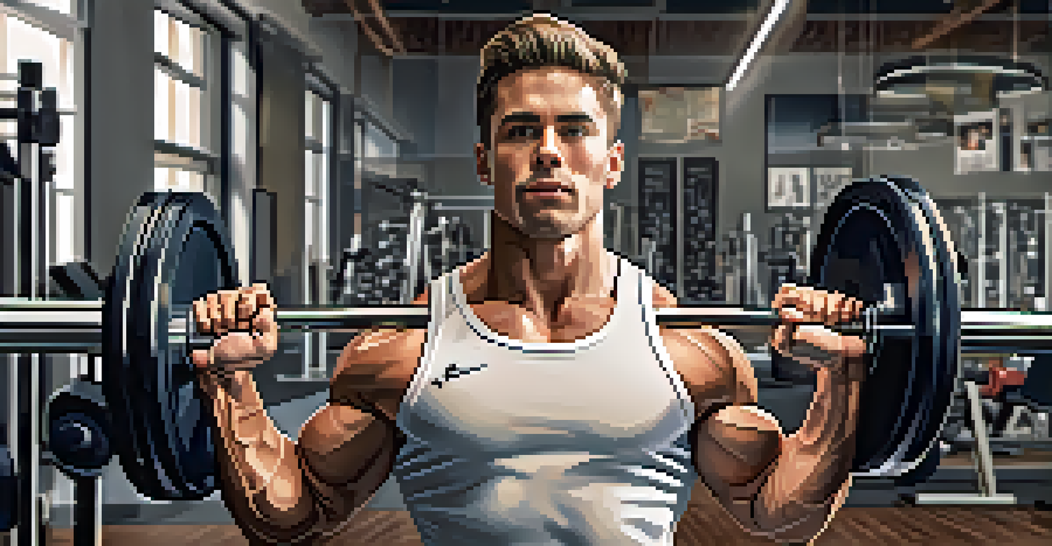 An athlete lifting weights in a gym, with a water bottle and small coffee cup nearby, showing the role of caffeine in strength training.