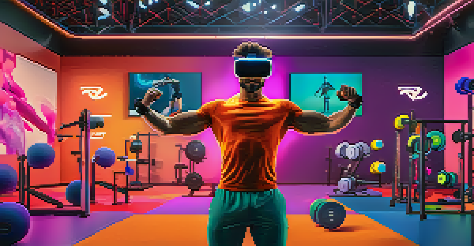 A person using virtual reality for a workout in a digitally rendered gym with avatars.