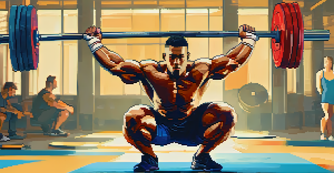 An athlete executing a snatch lift in a gym, with a barbell overhead and a determined look.