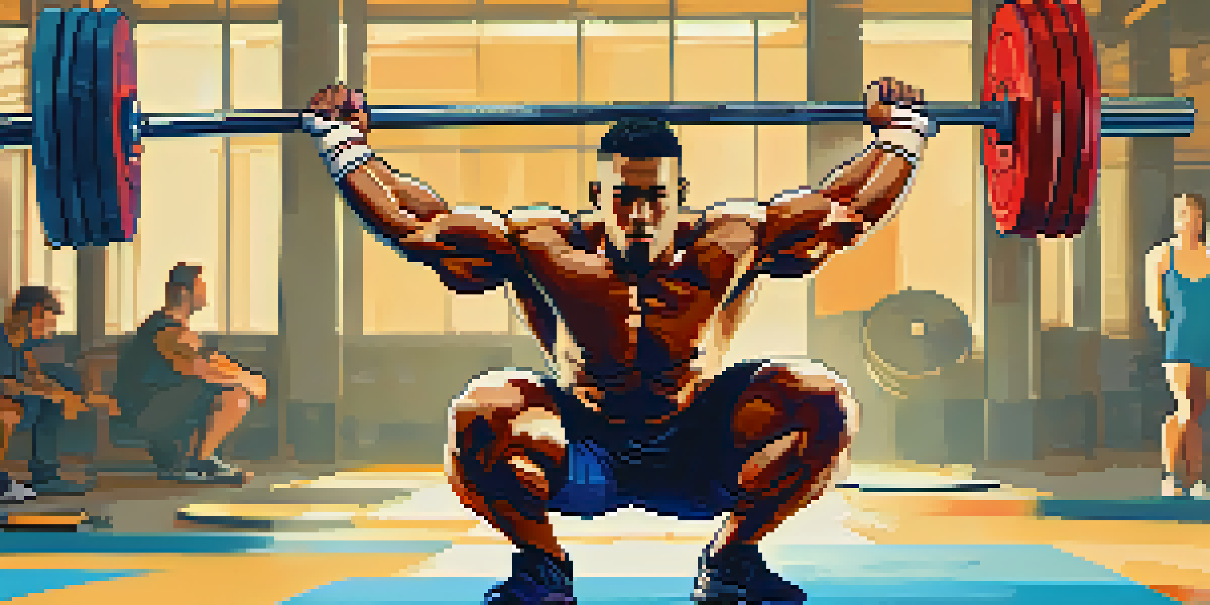 An athlete executing a snatch lift in a gym, with a barbell overhead and a determined look.