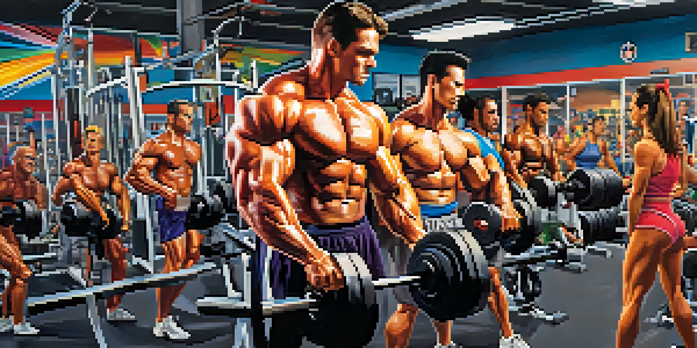 A diverse group of bodybuilders in a gym, working out with enthusiasm, surrounded by colorful equipment and motivational posters.