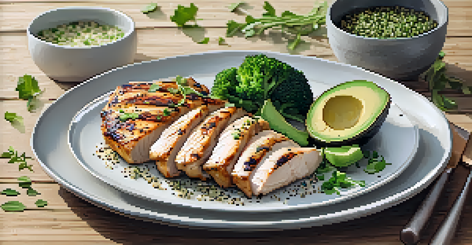 A balanced meal on a rustic wooden table featuring grilled chicken, broccoli, quinoa, and avocado, elegantly garnished.