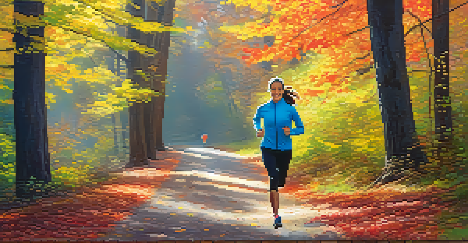 A runner in bright gear jogging on a forest trail surrounded by autumn leaves and sunlight.