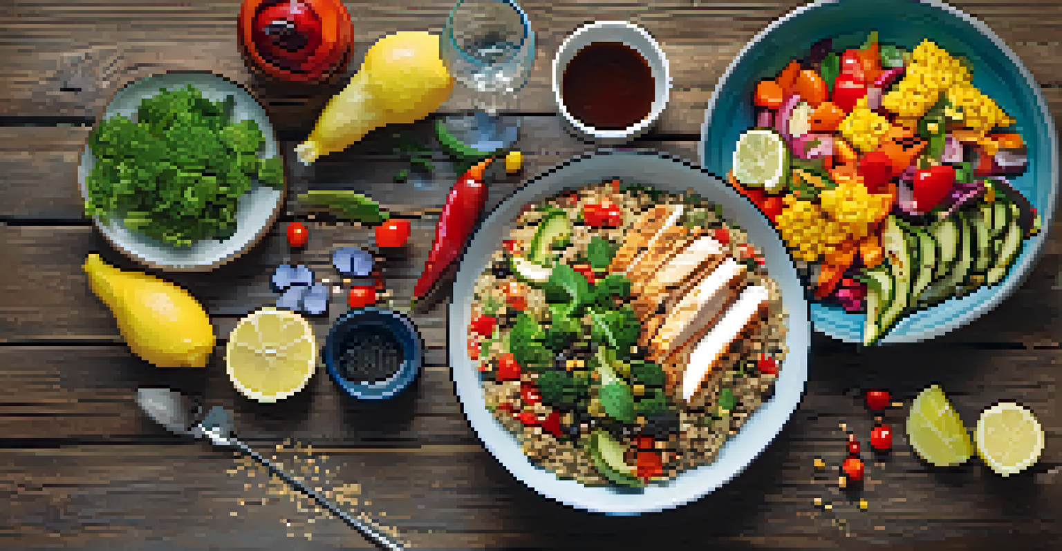 A flat lay of a healthy post-workout meal with quinoa, grilled chicken, vegetables, and a glass of lemon water on a rustic wooden background.
