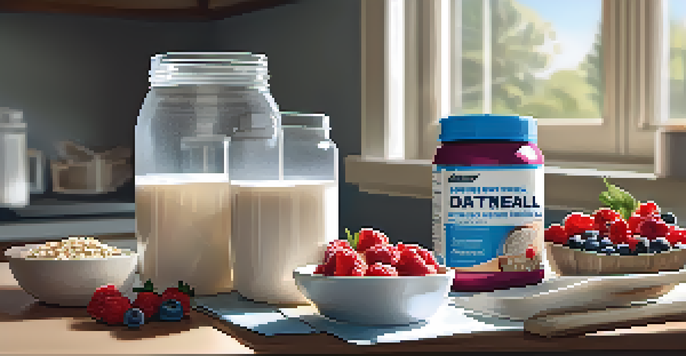 A bright kitchen with a healthy pre-workout meal consisting of oatmeal with berries and protein powder, along with a glass of water.