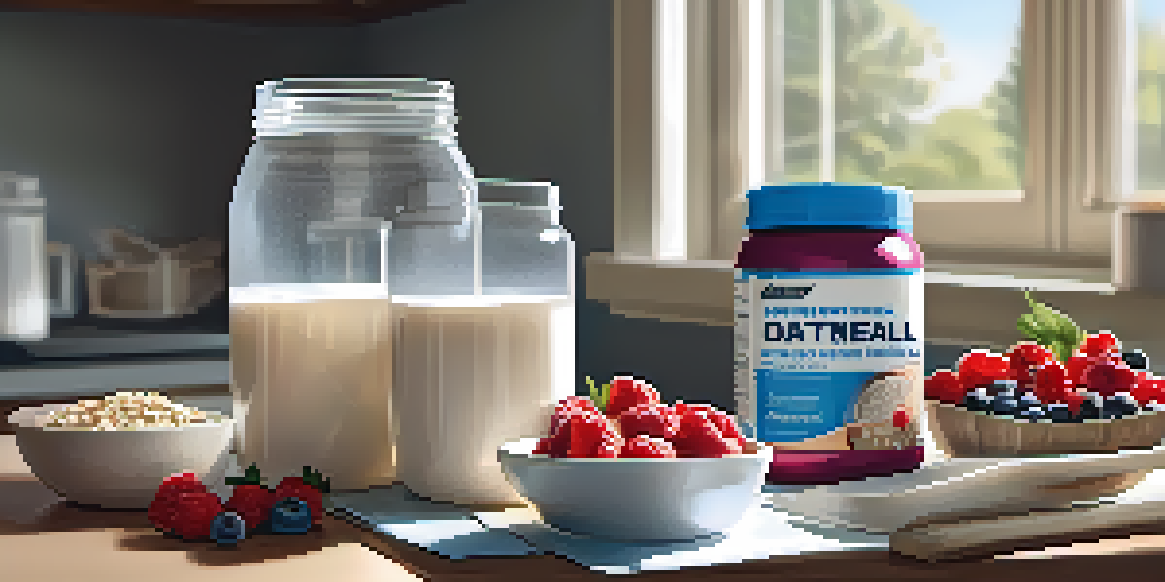 A bright kitchen with a healthy pre-workout meal consisting of oatmeal with berries and protein powder, along with a glass of water.