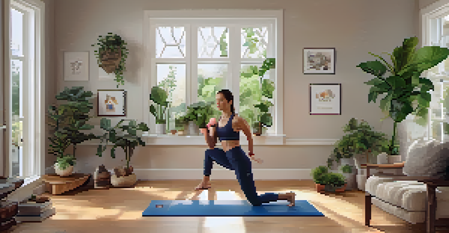A mother exercising at home on a yoga mat, surrounded by family photos and a warm, inviting atmosphere.
